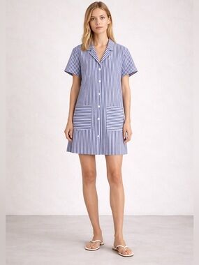 Self Contrast Ozel Shirt Mini Dress Denim Stripe Blue White Size Medium NWT